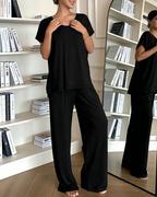 Gail Women's Lounge Set – V-Neck Short Sleeve Top & Wide Leg Pants Two-Piece Set