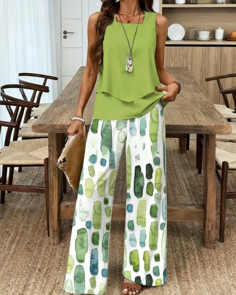 Gracelyn Women's Two-Piece Set – Sleeveless V-Neck Top & Leaf Print Shorts