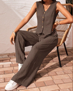 Layla Women's Two-Piece Set – Sleeveless V-Neck Top & Wide Leg Pants Outfit