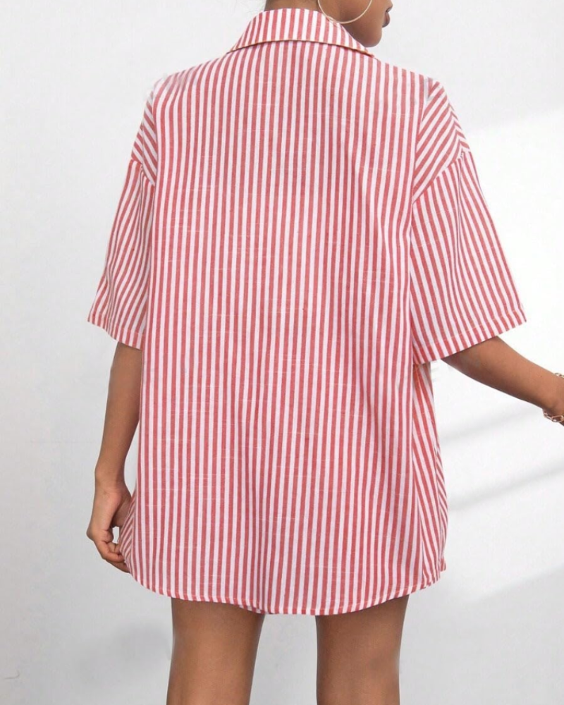 Goldie Women's Two-Piece Set – Striped Lapel Collar Top & Shorts Summer Outfit
