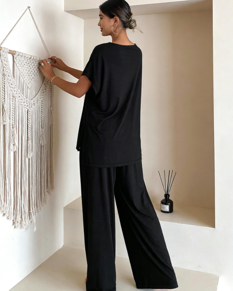 Gail Women's Lounge Set – V-Neck Short Sleeve Top & Wide Leg Pants Two-Piece Set