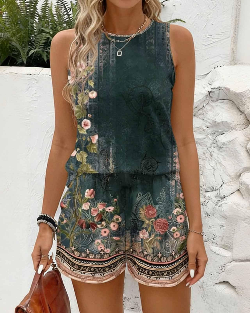 Delilah Women's Two-Piece Set – Retro Floral Tank Top & Shorts Summer Beach Outfit
