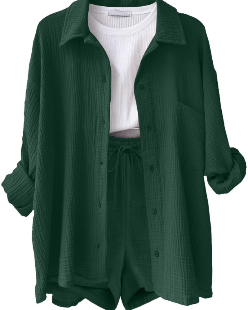Sophia Women's Cotton Linen Co-Ord Set – Long Sleeve Shirt & Drawstring Shorts