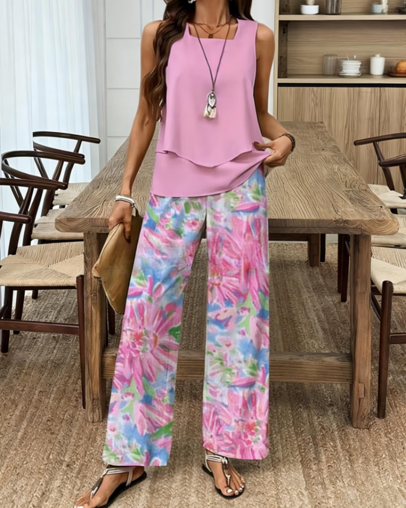 Gracelyn Women's Two-Piece Set – Sleeveless V-Neck Top & Leaf Print Shorts