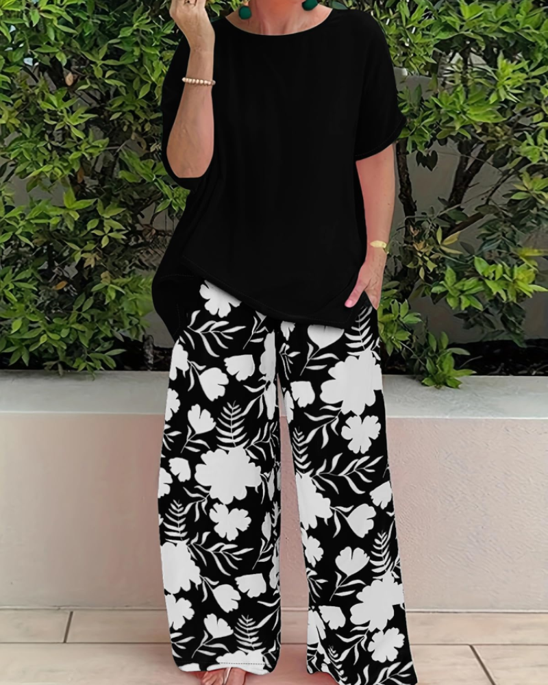 Madison Women's Floral Two-Piece Set – Short Sleeve Top & Loose Fit Pants Outfit