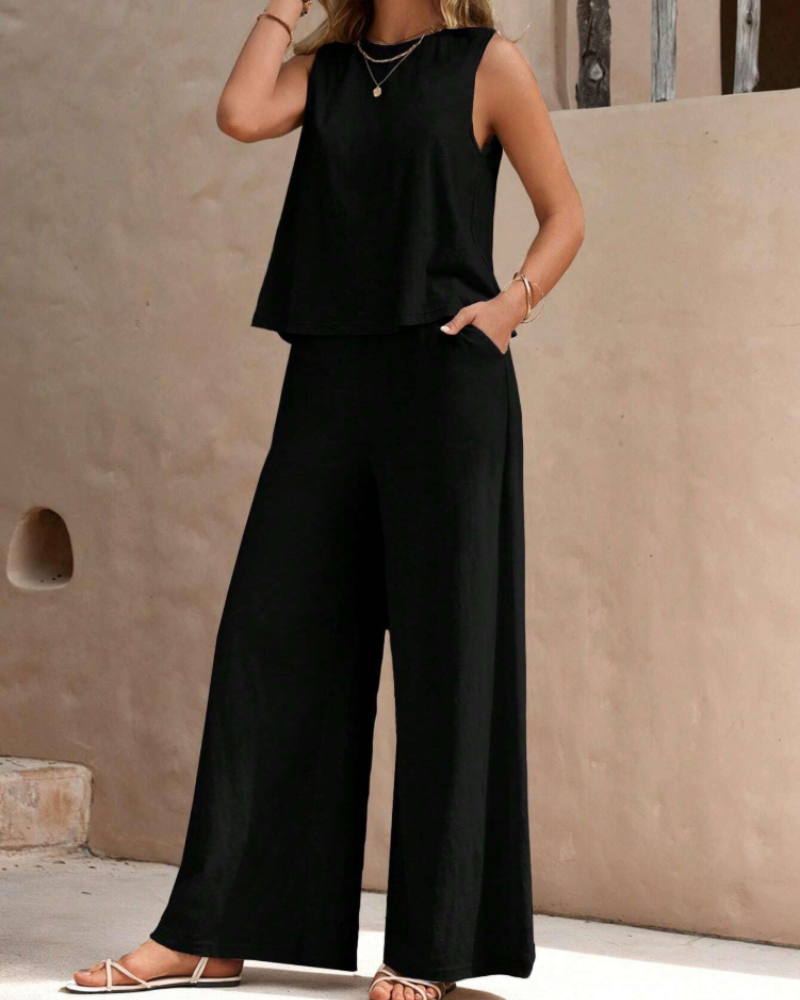 Giana Women's Two-Piece Set – Puff Sleeve Belted Top & Wide Leg Pants