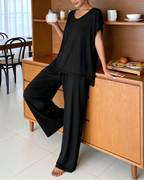 Gail Women's Lounge Set – V-Neck Short Sleeve Top & Wide Leg Pants Two-Piece Set