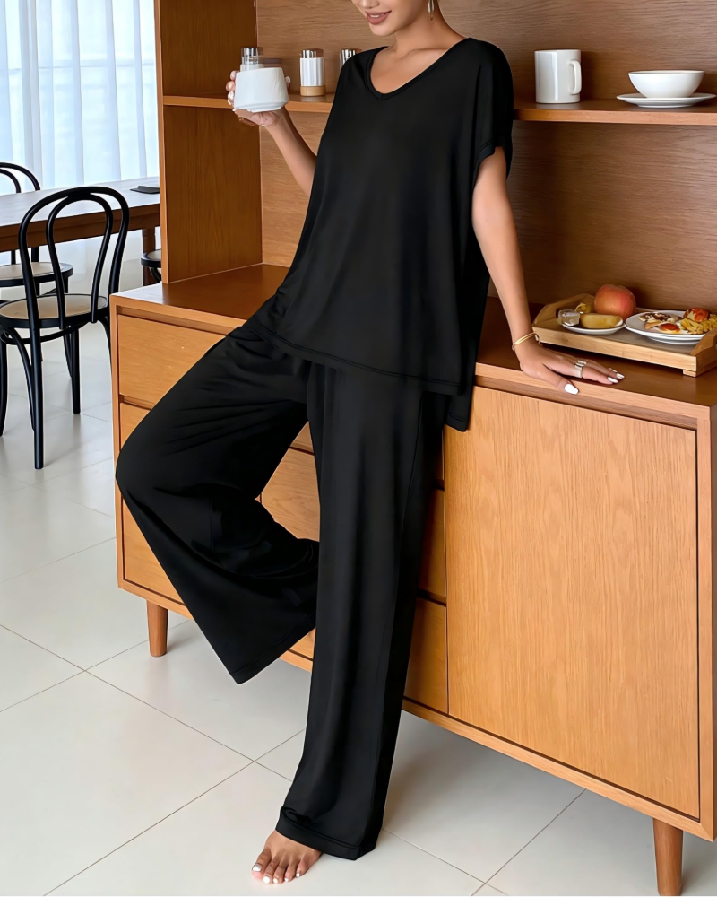 Gail Women's Lounge Set – V-Neck Short Sleeve Top & Wide Leg Pants Two-Piece Set