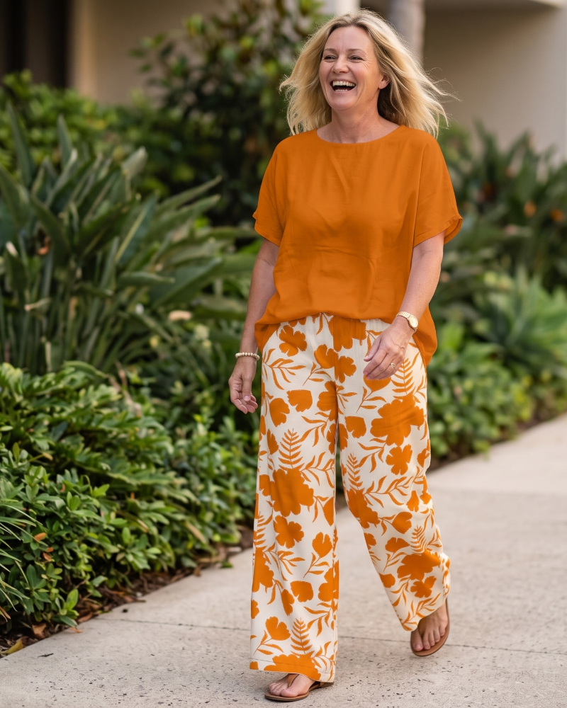 Madison Women's Floral Two-Piece Set – Short Sleeve Top & Loose Fit Pants Outfit