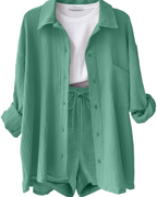 Sophia Women's Cotton Linen Co-Ord Set – Long Sleeve Shirt & Drawstring Shorts
