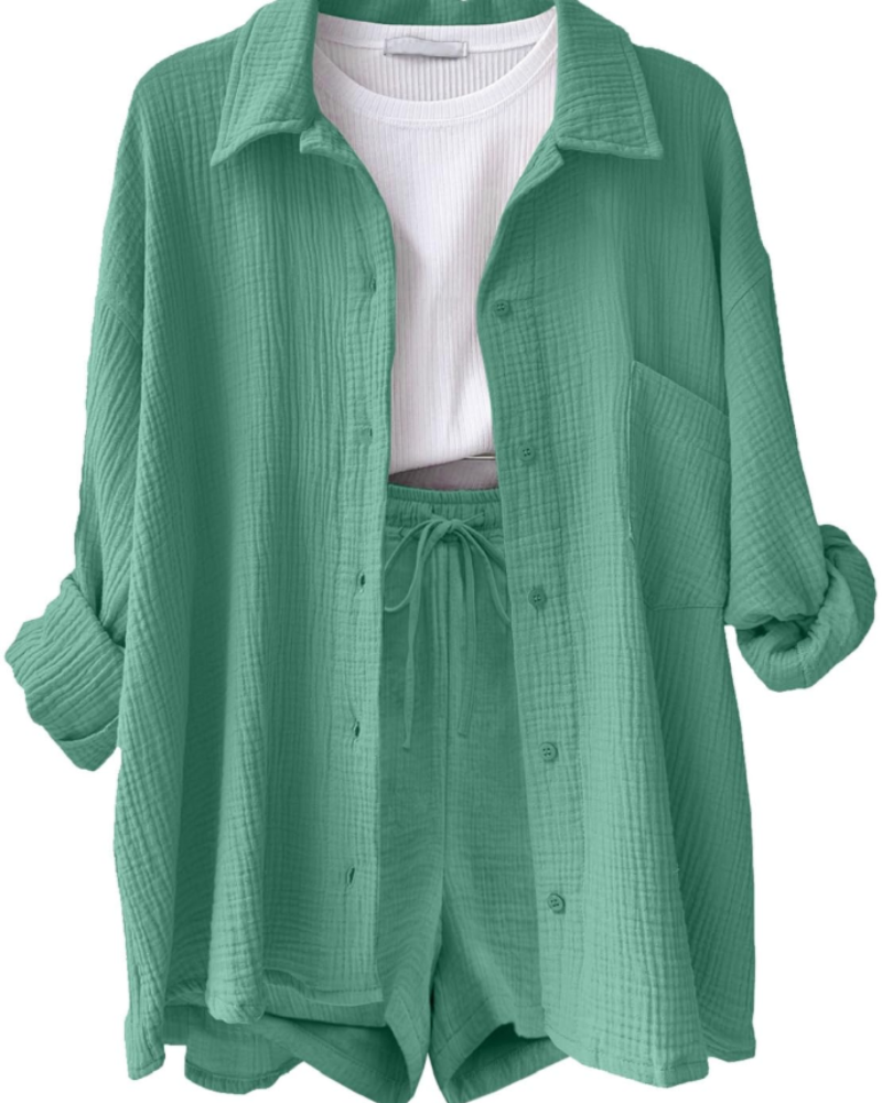 Sophia Women's Cotton Linen Co-Ord Set – Long Sleeve Shirt & Drawstring Shorts