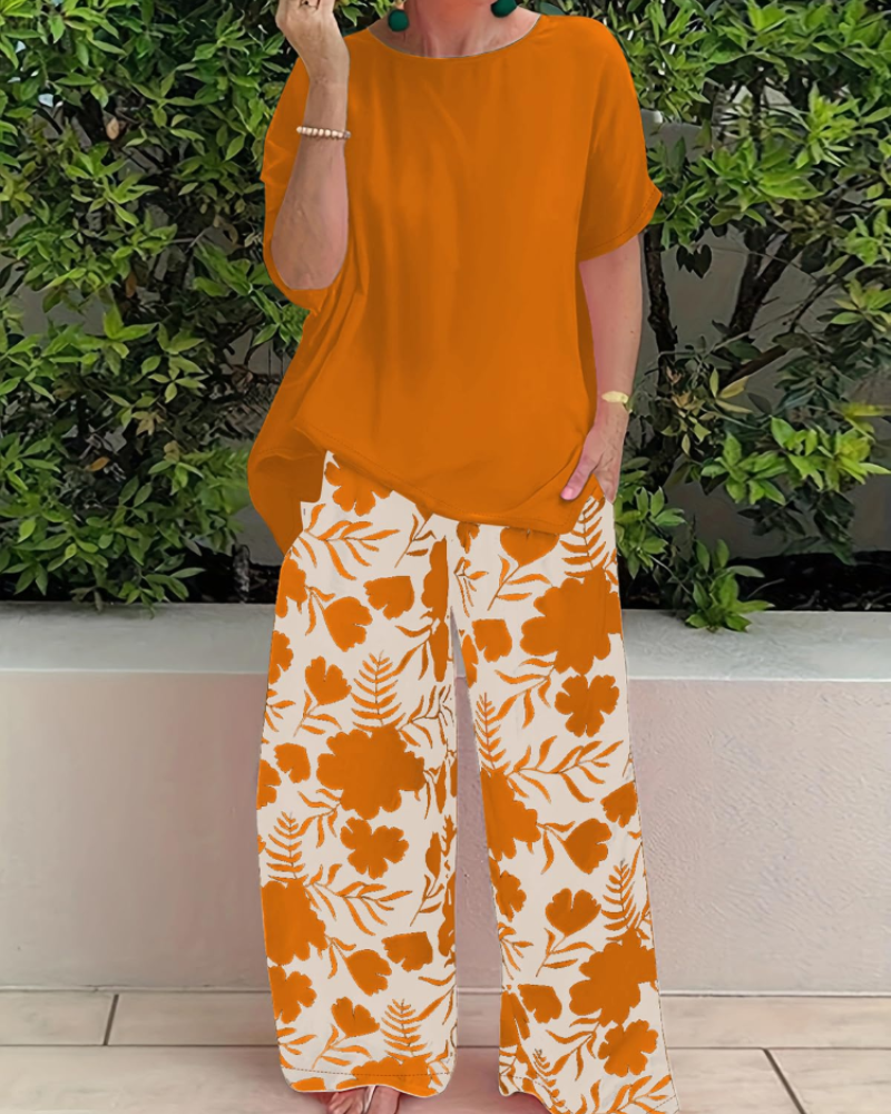 Madison Women's Floral Two-Piece Set – Short Sleeve Top & Loose Fit Pants Outfit