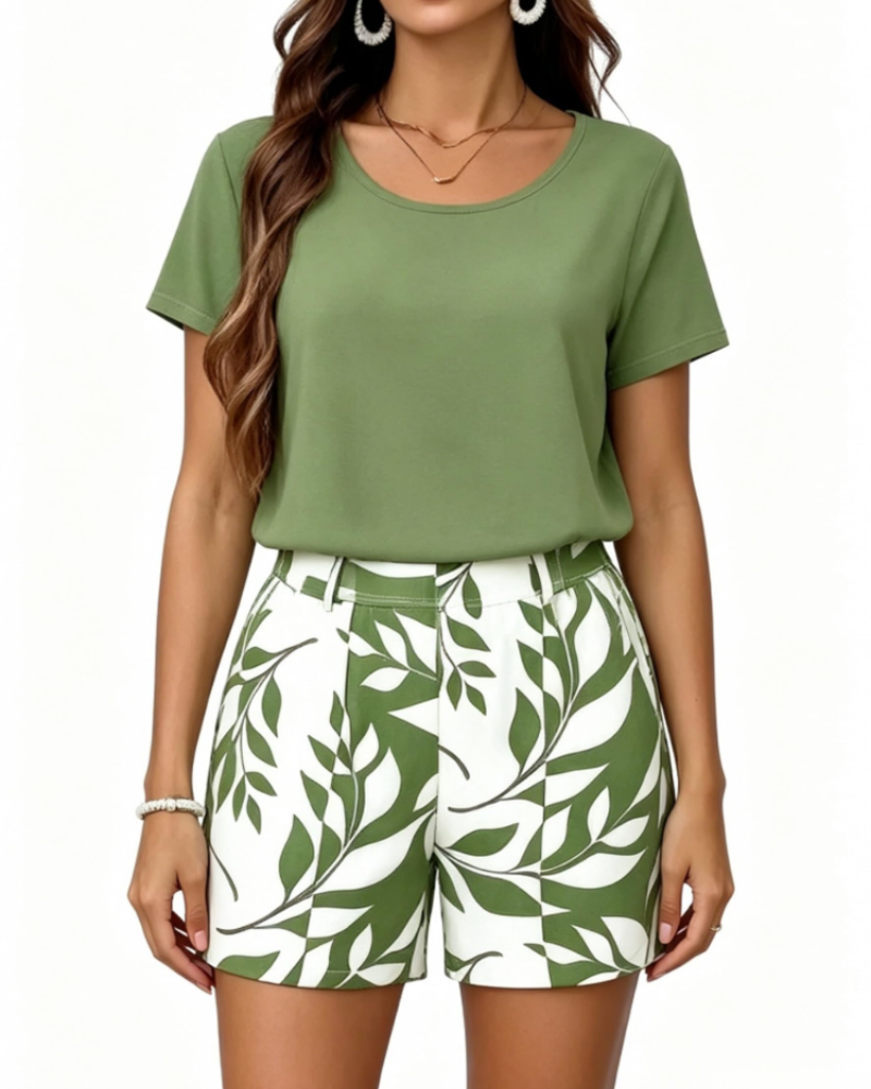 Fayrina Women's Two-Piece Set – Round Neck Top & Leaf Print Shorts Summer Outfit