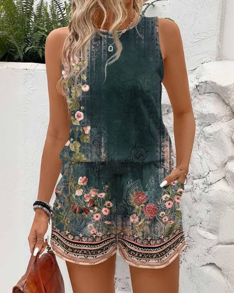 Delilah Women's Two-Piece Set – Retro Floral Tank Top & Shorts Summer Beach Outfit