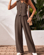Layla Women's Two-Piece Set – Sleeveless V-Neck Top & Wide Leg Pants Outfit