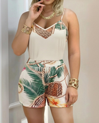 Georgia Women's Two-Piece Set – V-Neck Top & High-Waist Tropical Print Shorts