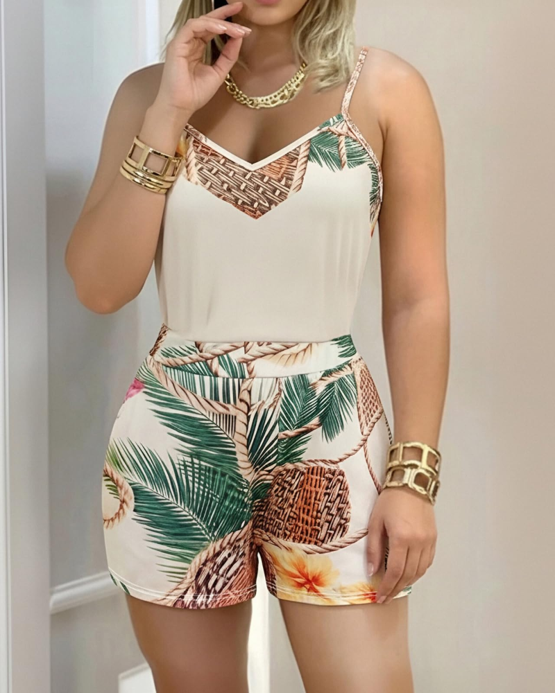 Georgia Women's Two-Piece Set – V-Neck Top & High-Waist Tropical Print Shorts