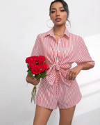 Goldie Women's Two-Piece Set – Striped Lapel Collar Top & Shorts Summer Outfit