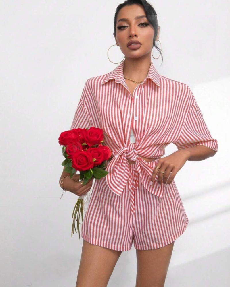 Goldie Women's Two-Piece Set – Striped Lapel Collar Top & Shorts Summer Outfit