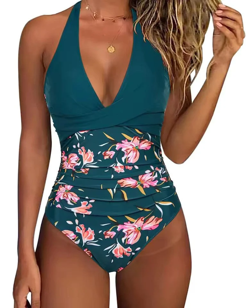 Naomi Women's One-Piece Swimsuit – Halterneck Tummy Control Swimwear with Tropical Print