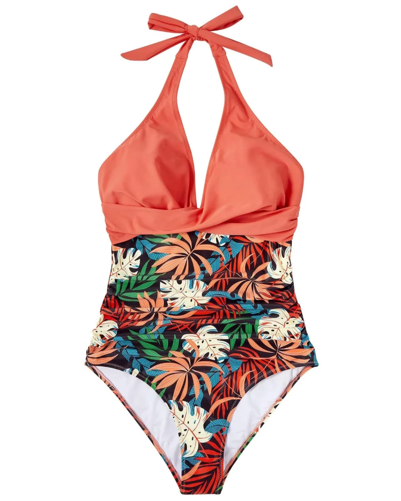 Naomi Women's One-Piece Swimsuit – Halterneck Tummy Control Swimwear with Tropical Print