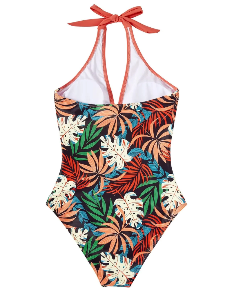 Naomi Women's One-Piece Swimsuit – Halterneck Tummy Control Swimwear with Tropical Print