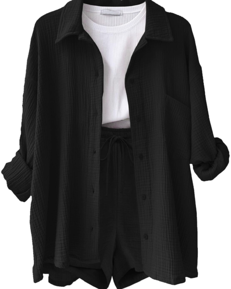 Sophia Women's Cotton Linen Co-Ord Set – Long Sleeve Shirt & Drawstring Shorts