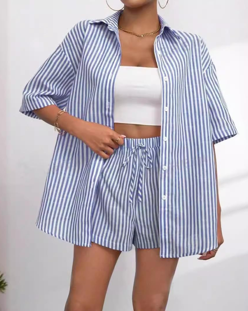 Goldie Women's Two-Piece Set – Striped Lapel Collar Top & Shorts Summer Outfit