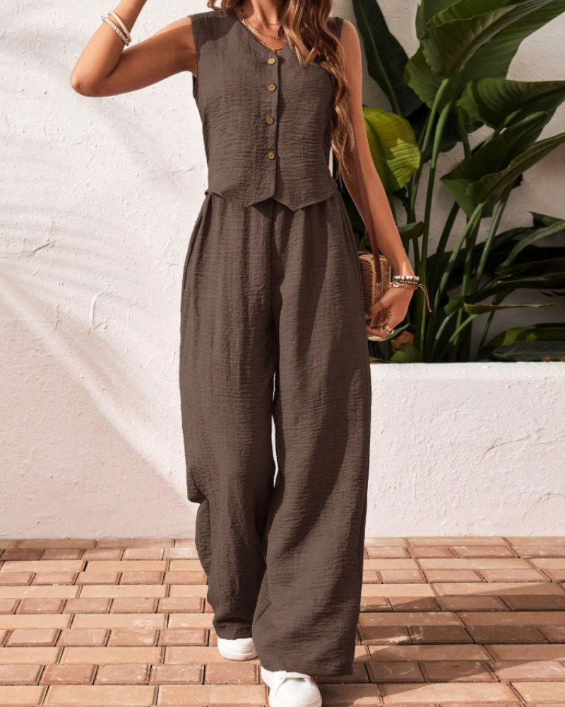 Layla Women's Two-Piece Set – Sleeveless V-Neck Top & Wide Leg Pants Outfit