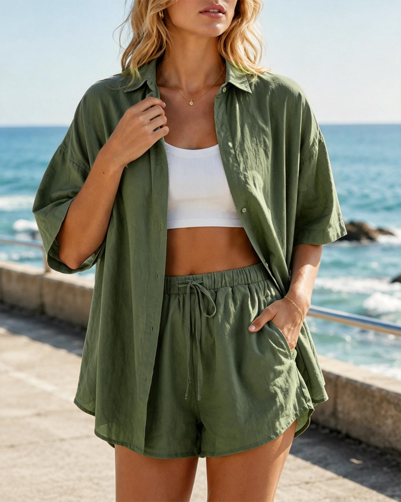 Geraldine Women's Two-Piece Set – Cotton Summer Top & Shorts Beach Outfit