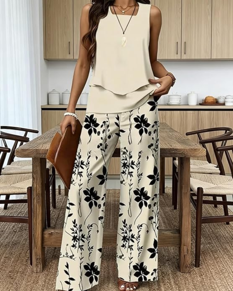Gracelyn Women's Two-Piece Set – Sleeveless V-Neck Top & Leaf Print Shorts