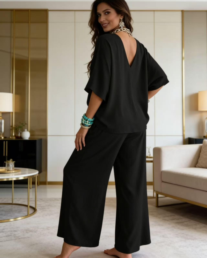 Giada Women's Two-Piece Set – V-Neck Puff Sleeve Top & Wide Leg Pants