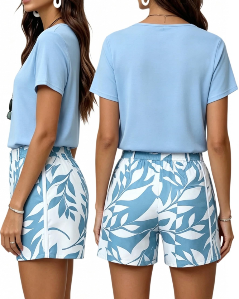 Fayrina Women's Two-Piece Set – Round Neck Top & Leaf Print Shorts Summer Outfit