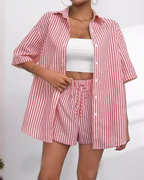 Goldie Women's Two-Piece Set – Striped Lapel Collar Top & Shorts Summer Outfit