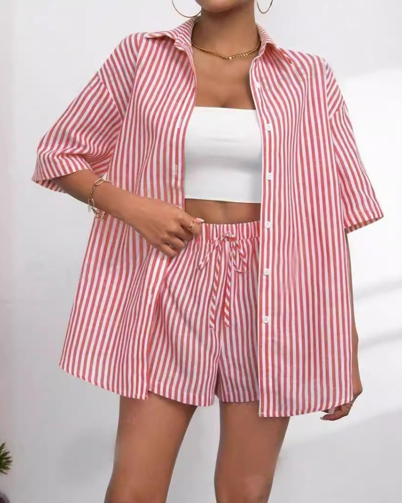 Goldie Women's Two-Piece Set – Striped Lapel Collar Top & Shorts Summer Outfit