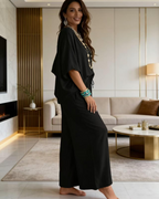 Giada Women's Two-Piece Set – V-Neck Puff Sleeve Top & Wide Leg Pants