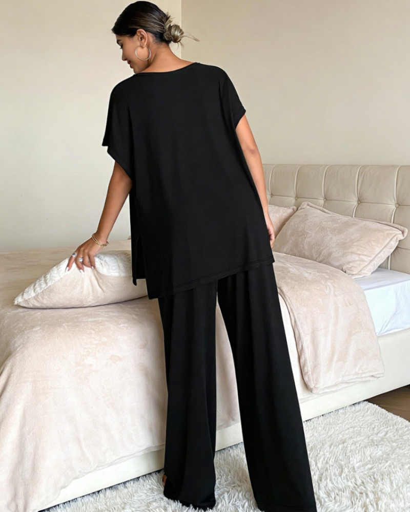Gail Women's Lounge Set – V-Neck Short Sleeve Top & Wide Leg Pants Two-Piece Set