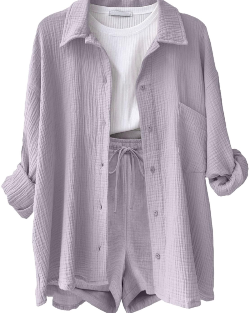 Sophia Women's Cotton Linen Co-Ord Set – Long Sleeve Shirt & Drawstring Shorts