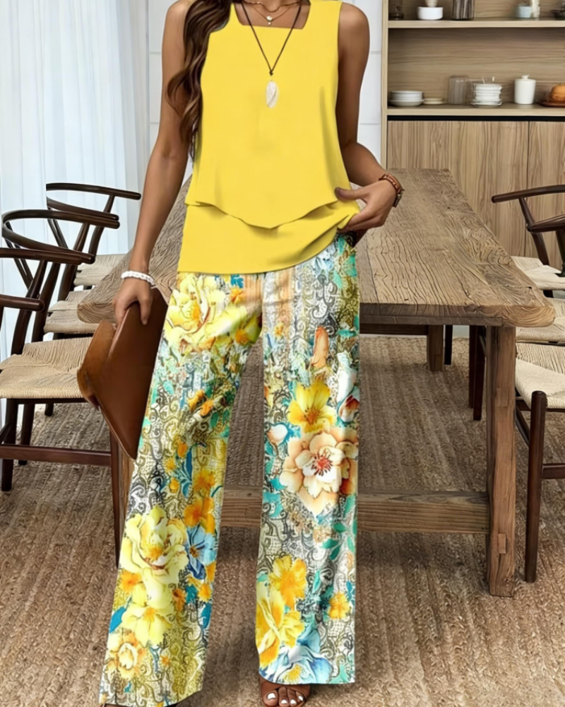 Gracelyn Women's Two-Piece Set – Sleeveless V-Neck Top & Leaf Print Shorts
