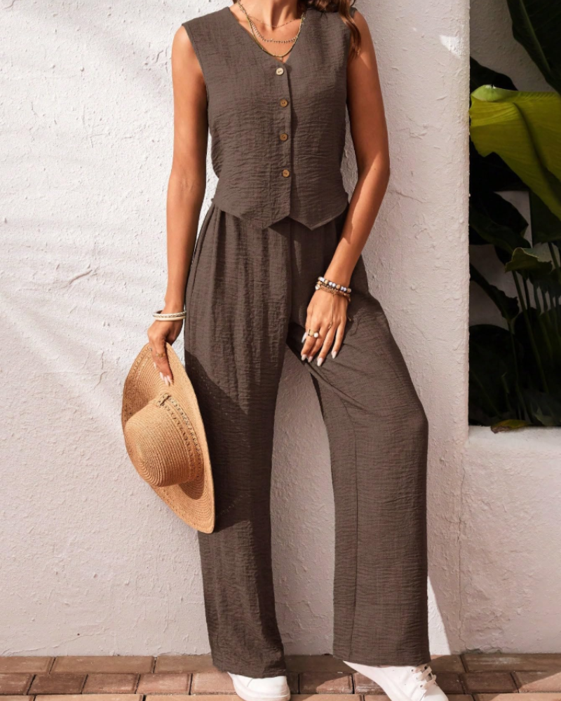 Layla Women's Two-Piece Set – Sleeveless V-Neck Top & Wide Leg Pants Outfit