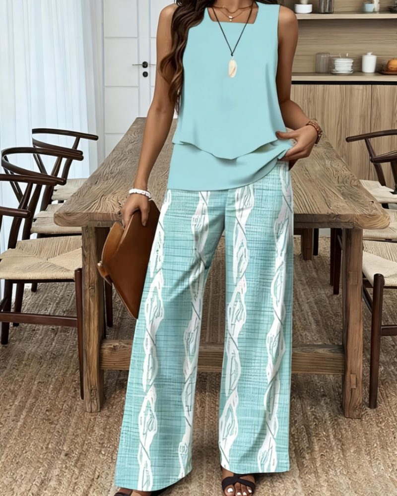 Gracelyn Women's Two-Piece Set – Sleeveless V-Neck Top & Leaf Print Shorts
