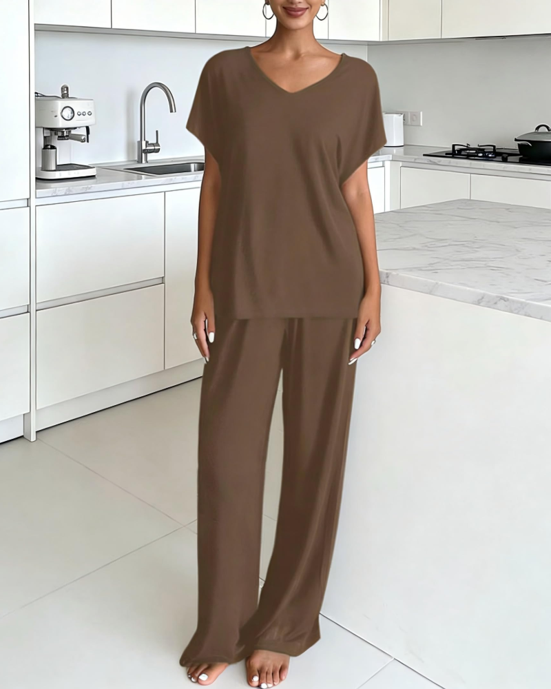 Gail Women's Lounge Set – V-Neck Short Sleeve Top & Wide Leg Pants Two-Piece Set