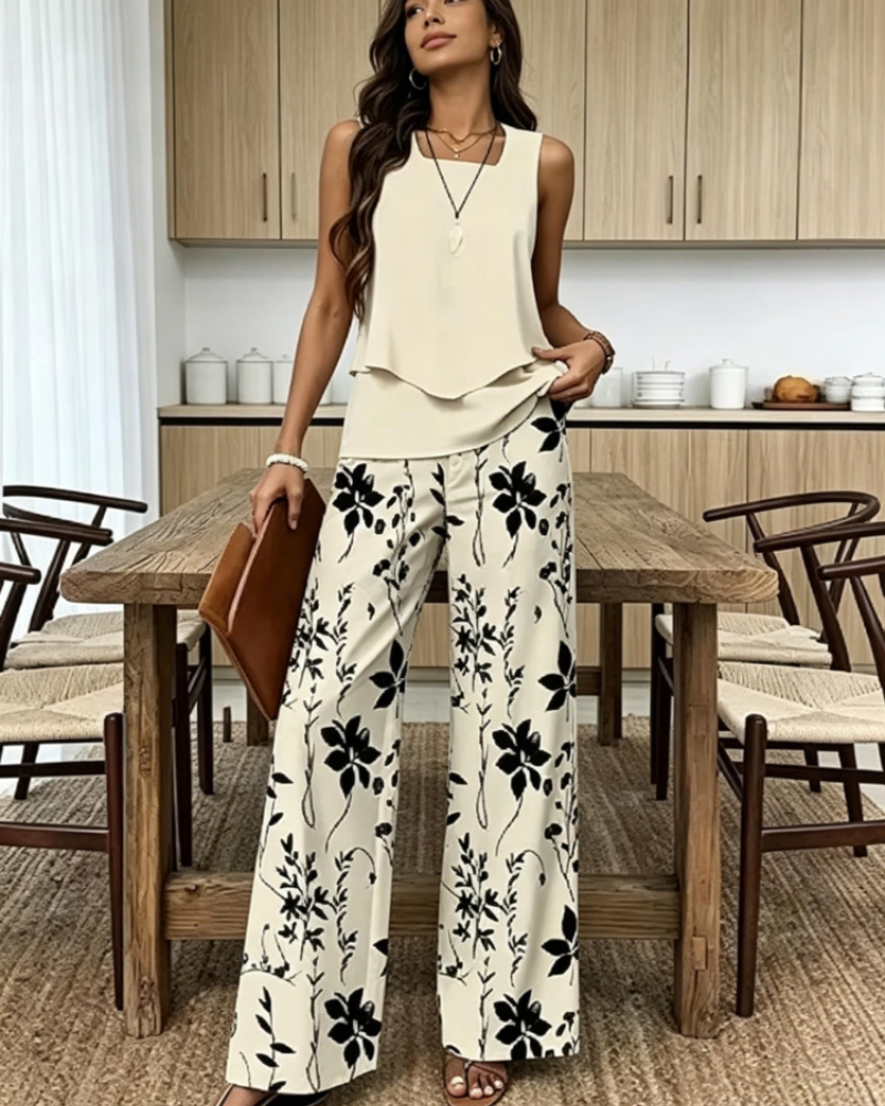 Gracelyn Women's Two-Piece Set – Sleeveless V-Neck Top & Leaf Print Shorts