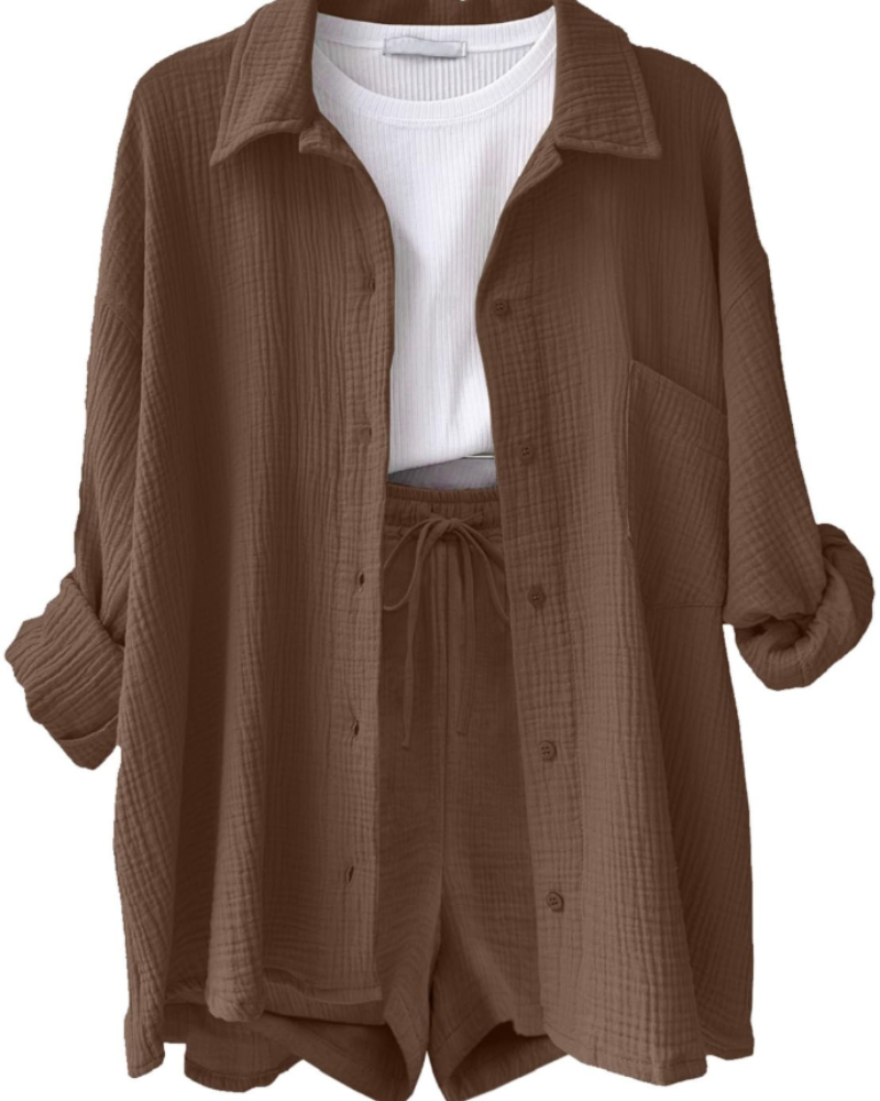 Sophia Women's Cotton Linen Co-Ord Set – Long Sleeve Shirt & Drawstring Shorts