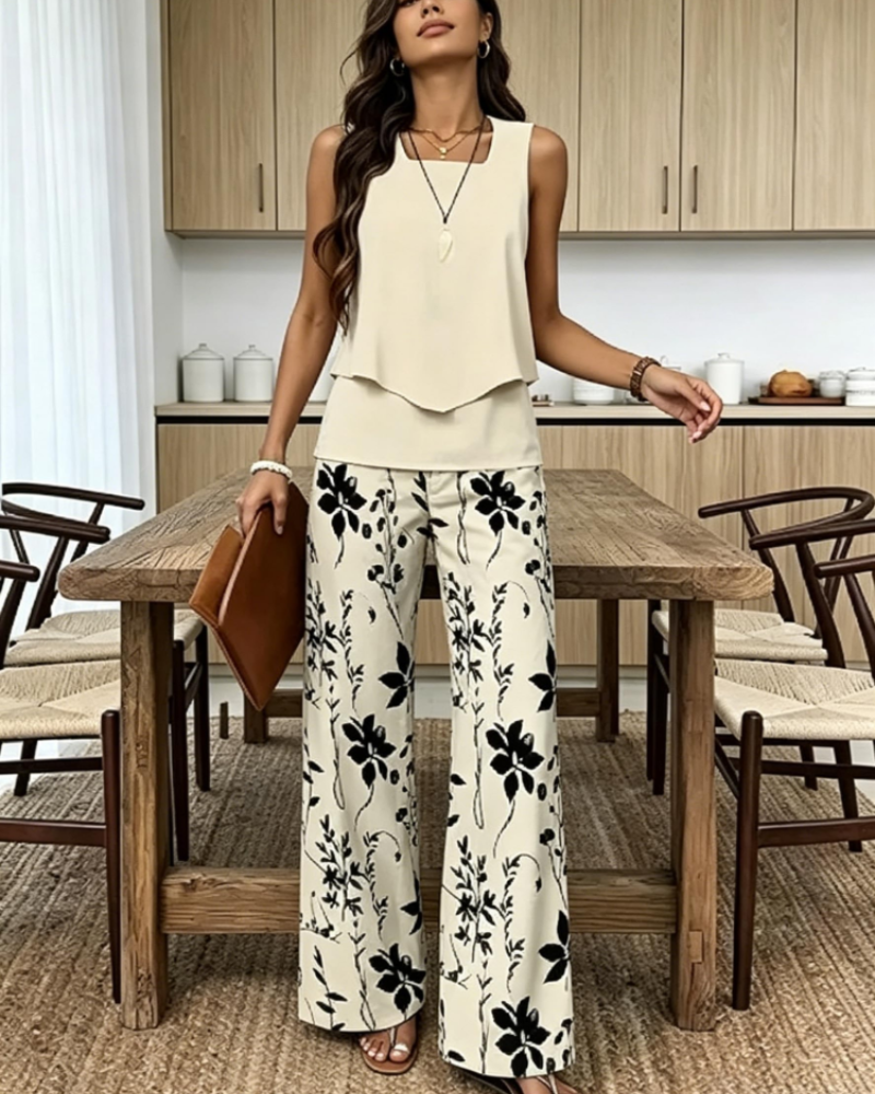 Gracelyn Women's Two-Piece Set – Sleeveless V-Neck Top & Leaf Print Shorts