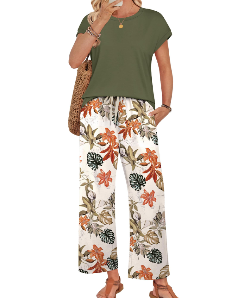 Avery Women's Lounge Set – Cap Sleeve Top & Wide Leg Pants 2-Piece Outfit