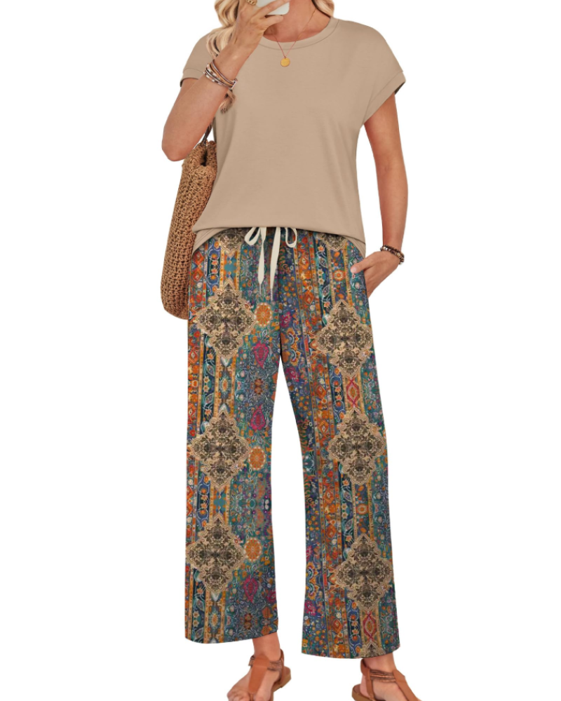 Avery Women's Lounge Set – Cap Sleeve Top & Wide Leg Pants 2-Piece Outfit