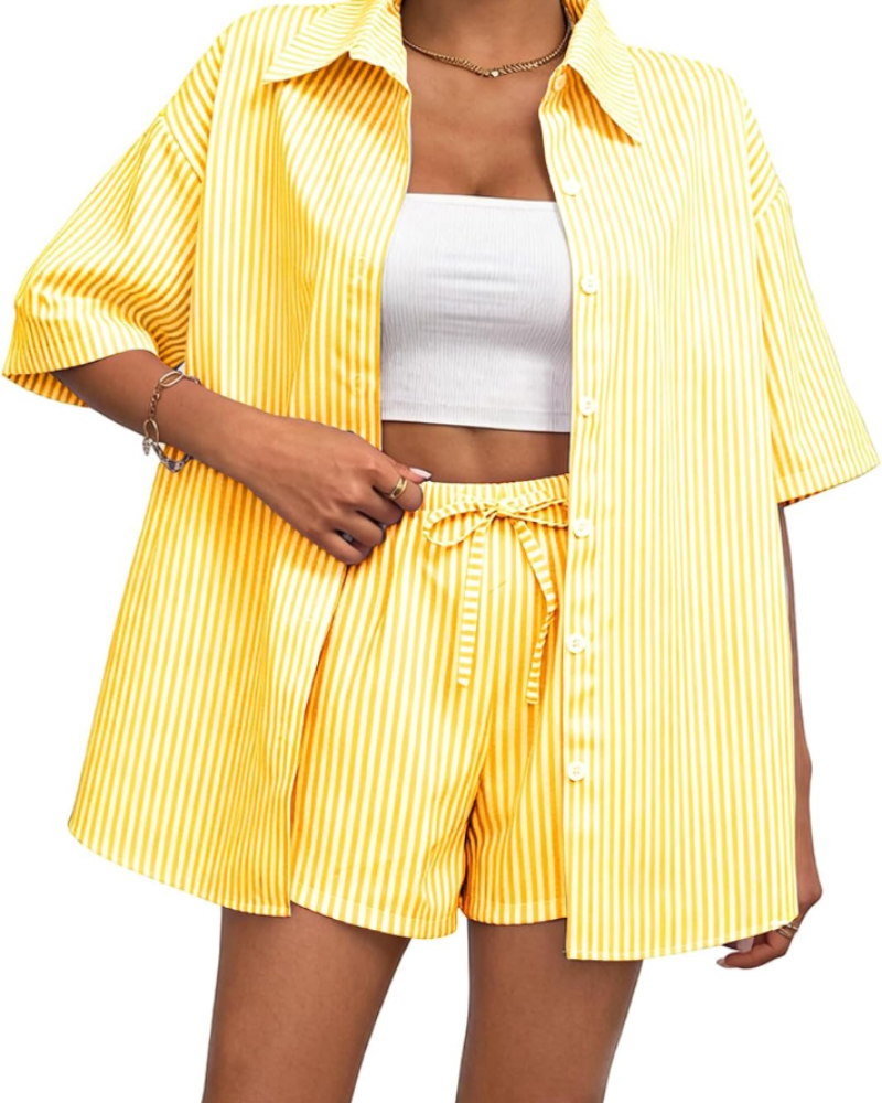 Ava Women's Striped Two-Piece Set – Short Sleeve Shirt & Drawstring Shorts Outfit