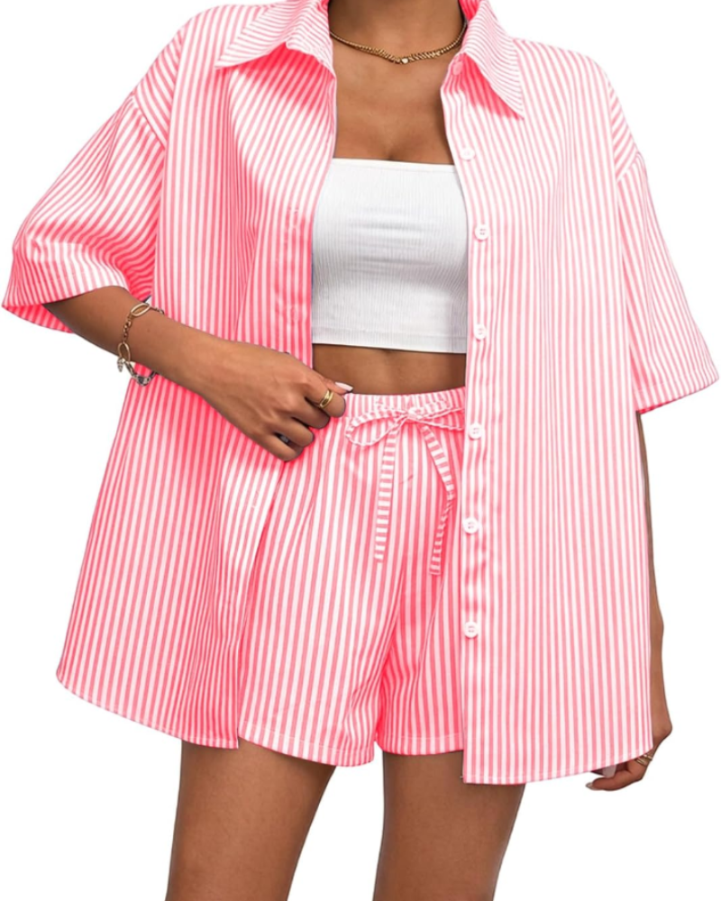 Ava Women's Striped Two-Piece Set – Short Sleeve Shirt & Drawstring Shorts Outfit