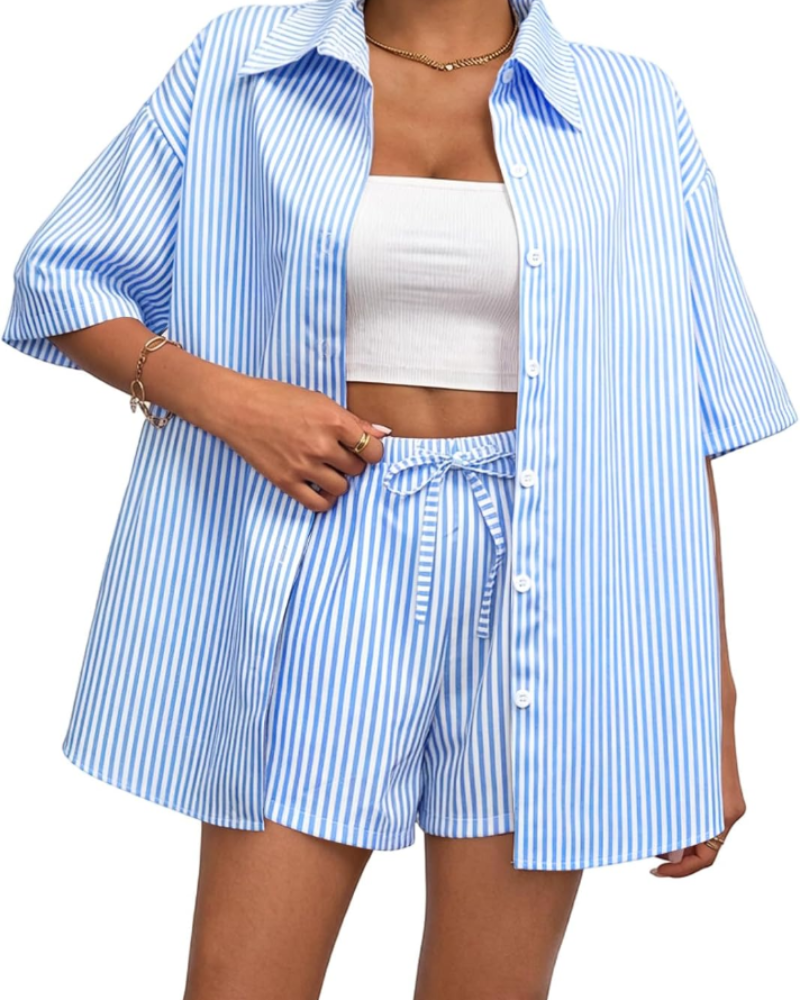 Ava Women's Striped Two-Piece Set – Short Sleeve Shirt & Drawstring Shorts Outfit